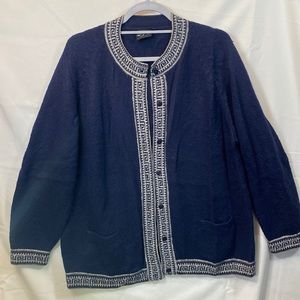 100% Alpaca cardigan sweater women’s large Navy made in Peru by Leotex greek key